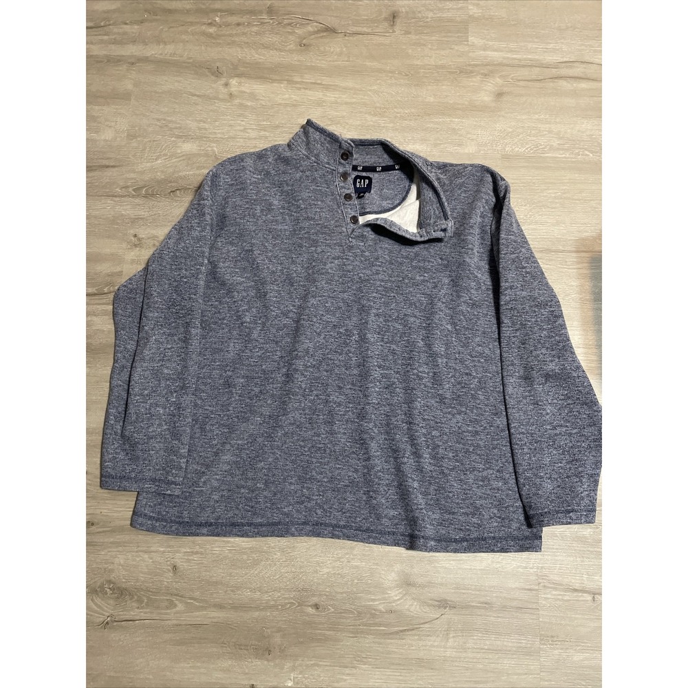 GAP Mens XXL Sweater Tight Knit Blue Pullover Button Mock‎ Neck Cotton Blend